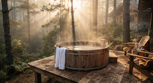 Jacuzzi térmico humeante en deck de cedro con rayos de sol atravesando los árboles