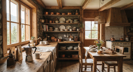 Cocina rústica campestre con estanterías abiertas de madera y cafetera espresso