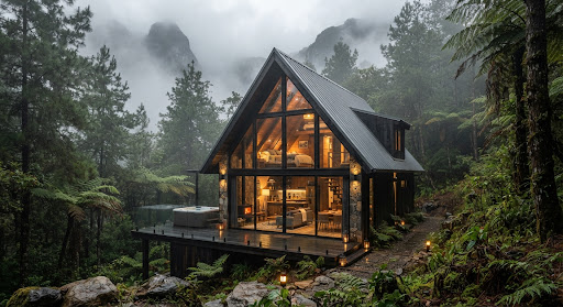 Modern A-frame rustic dark timber cabin in a cloud forest with huge floor-to-ceiling glass windows