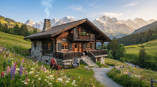 Cozy Swiss alpine style stone and oak wooden chalet surrounded by flowering mountain meadows