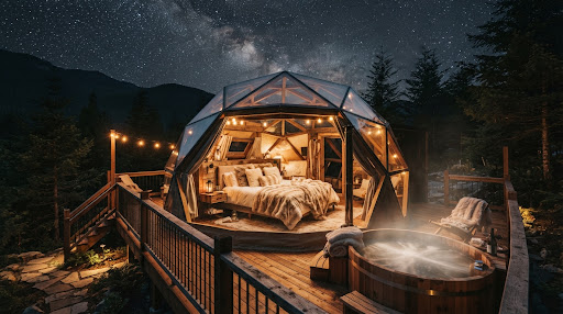 Futuristic luxury geodesic glamping dome with transparent panoramic ceiling view of starry night sky