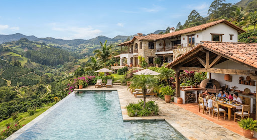 Piscina y deck soleado con vista panorámica a la cordillera
