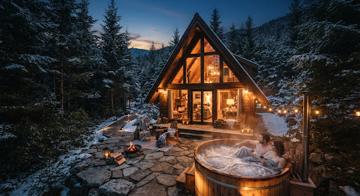 Cabaña alpina en madera estilo nórdico con frente acristalado, luces cálidas y terraza con jacuzzi al atardecer