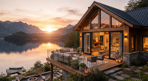 Villa campestre contemporánea con deck flotante y vista panorámica al lago entre montañas