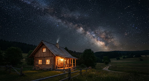 Cabaña de madera bajo un cielo nocturno estrellado